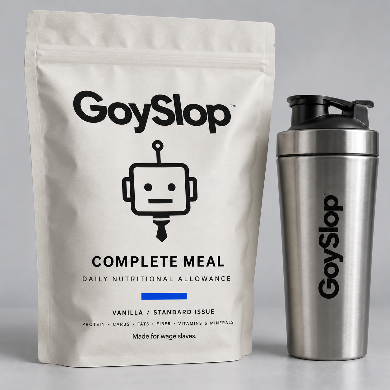GoySlop complete-meal replacement pouch and steel shaker